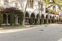 this is a row of palm trees in the front of a large building that looks like an old town