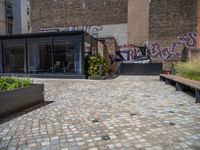 several plants sit in decorative concrete planters along the sidewalk of a building that is very modern