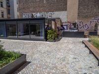 several plants sit in decorative concrete planters along the sidewalk of a building that is very modern