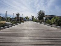 a wooden walkway in a public park near a beach with trees and plants surrounding it