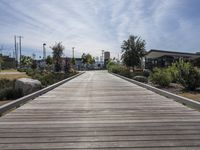 a wooden walkway in a public park near a beach with trees and plants surrounding it