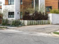 white modern residential house with wood siding and green lawn next to street level paved driveway