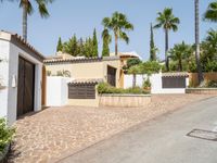 a house that has palm trees outside of it and a driveway to the garage area