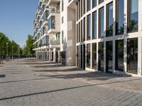 a sidewalk is lined with brick bricks and large windows and doors that lead to some buildings