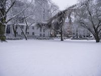 a snow covered field in front of buildings with trees and benches in it in the middle of town