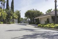 a residential neighborhood with residential architecture and palm trees in the middle of the street on a sunny day