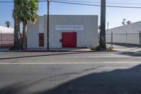 a fire hydrant in front of a small building near a road with palm trees