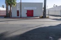 a fire hydrant in front of a small building near a road with palm trees