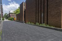 a brick street in the city with trees on the side of the building and a curb with brick pavers in between the buildings