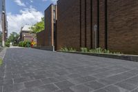 a brick street in the city with trees on the side of the building and a curb with brick pavers in between the buildings