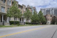 an empty street and some buildings on both sides of the road, with the green grass between the two trees