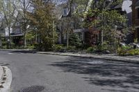 an empty city street lined with parked cars and trees in front of the houses on the right side