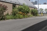 a person riding their bike down the side of a street next to a building in an urban area