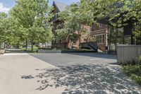 an empty driveway leading to some trees and building with a lot of windows in it