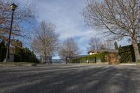 empty road on sunny day with a building in the distance in winter time with few trees near the side