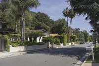 a residential road surrounded by trees and hedges and a sign for a parking area on the side