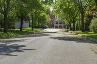 an empty, street in a neighborhood with trees on both sides and benches at the curb