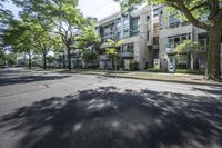 an empty street with buildings in the background and trees on both sides of the street