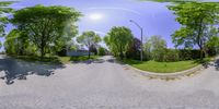 a panorama of the street as it crosses a roundabout into a wooded area below trees