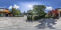 a circular walkway next to a building with trees and bushes growing on it with blue skies