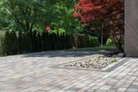 a brick walkway leading up to a driveway lined with trees and shrubs outside of a house