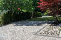 a brick walkway leading up to a driveway lined with trees and shrubs outside of a house