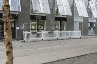 this is the sidewalk of a city in europe, where the shops are located and some people have their dog and some bicycles