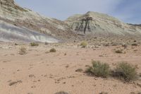 a person riding on the back of a dirt covered horse in the desert with mountain behind them