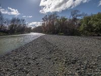 a river that has some rocks in it next to the water and trees on the shore