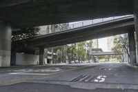 a picture of an empty road in front of a very tall building on a bridge