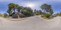 a camera panoramic of a road with an elephant statue on it's side