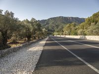 a road lined with small rocks and trees in front of mountains on the background of stones, gravel and rocks