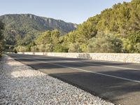 a road lined with small rocks and trees in front of mountains on the background of stones, gravel and rocks