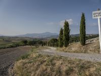 a road sign on a small hill side in the country side area of italy, with an empty road