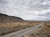 a road runs through the desert, in the distance are tall mountains, a grassy field, and dry grass