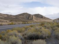 a road in the middle of the desert near a mountain range with trees and shrubs