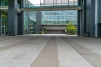 a building has glass and steel on the exterior and walkways as well as plants