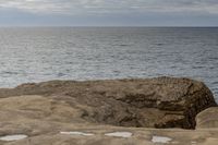 a person sitting on a rock in front of the ocean on a cloudy day by the water