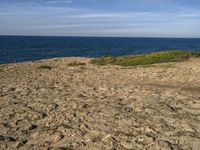 a person standing on a rocky beach near the ocean next to a sandy hill with a dog sitting in it