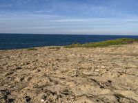 a person standing on a rocky beach near the ocean next to a sandy hill with a dog sitting in it