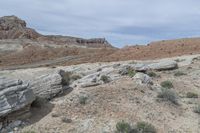 a couple of large rocks in a rocky area with bushes around them and mountains on the other side of the valley