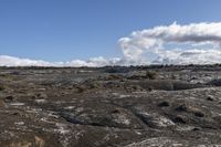 a big open rocky area with some blue skies in the background and a lone white horse on it