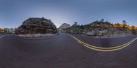 two different pictures showing the same angle on a road that runs between two rocks with an arrow pointing up the side