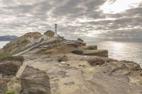 Rocky Shoreline with Lighthouse under a Gloomy Sky