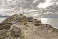 Rocky Shoreline with Lighthouse under a Gloomy Sky