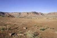 rocky terrain with sparse grass and rocks in the foreground on a clear day in the desert