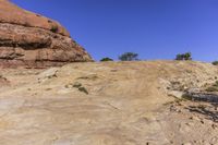 an open rocky area with rocks and trees on it and a mountain in the background