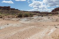 a very long rocky trail through some desert hills and canyons, and there is water in the river flowing from one point at the bottom to the other