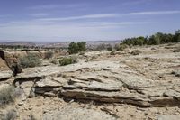 a rocky landscape with green shrubs and trees below it, and sky above the canyon