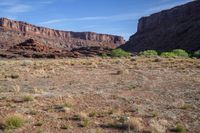 the arid ground is brown and brown in color, with large mountains behind it and small green bushes in front